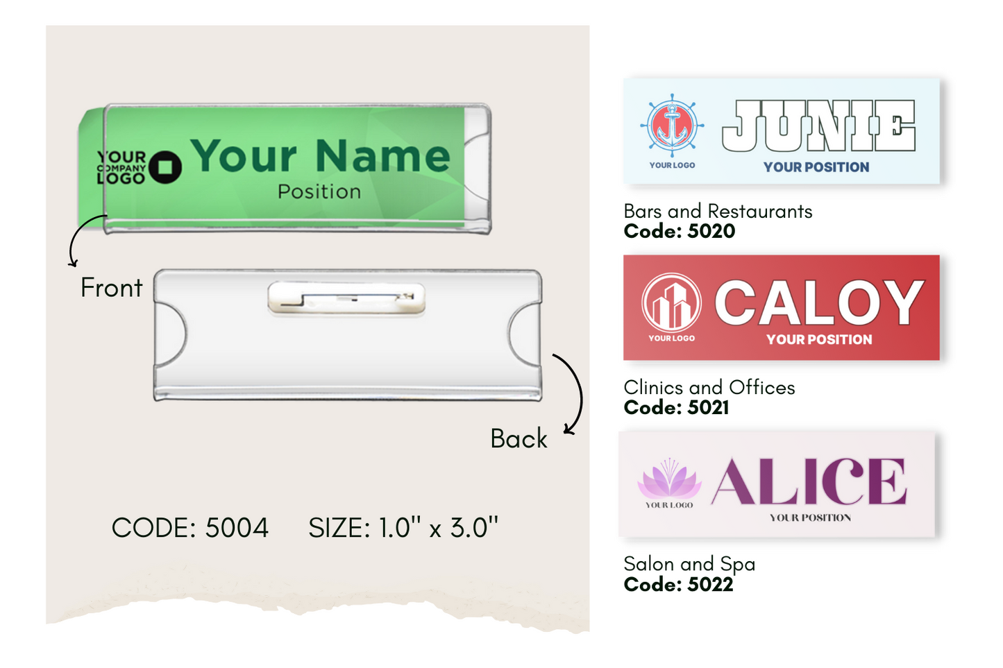 Code No.: 5004                        _                  Size: 1.0" x 3.0"                Insertable Nameplate with Safety Pin