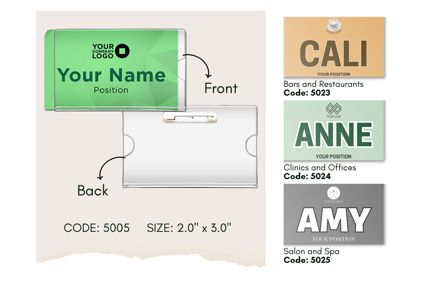 Code No.: 5005                        _                  Size: 2.0" x 3.0"                Insertable Nameplate with Safety Pin