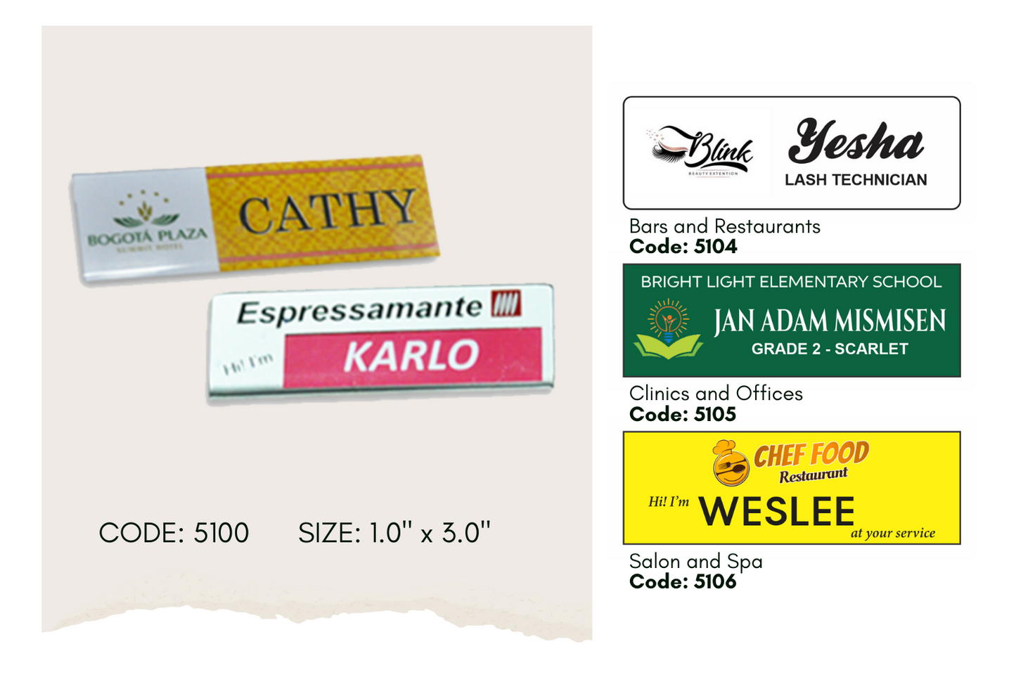 Code No.: 5100                        _                  Size: 1.0" x 3.0"                Printed_Nameplate with Safety Pin