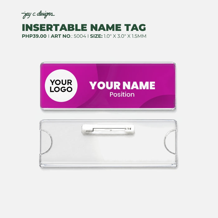 Code No.: 5004                        _                  Size: 1.0" x 3.0"                Insertable Nameplate with Safety Pin