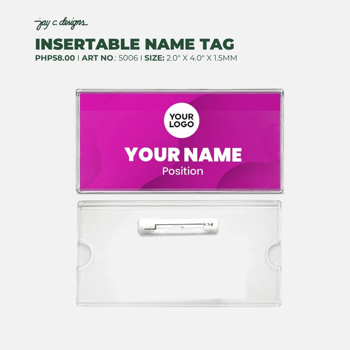 Code No.: 5006                        _                  Size: 2.0" x 4.0"                Insertable Nameplate with Safety Pin